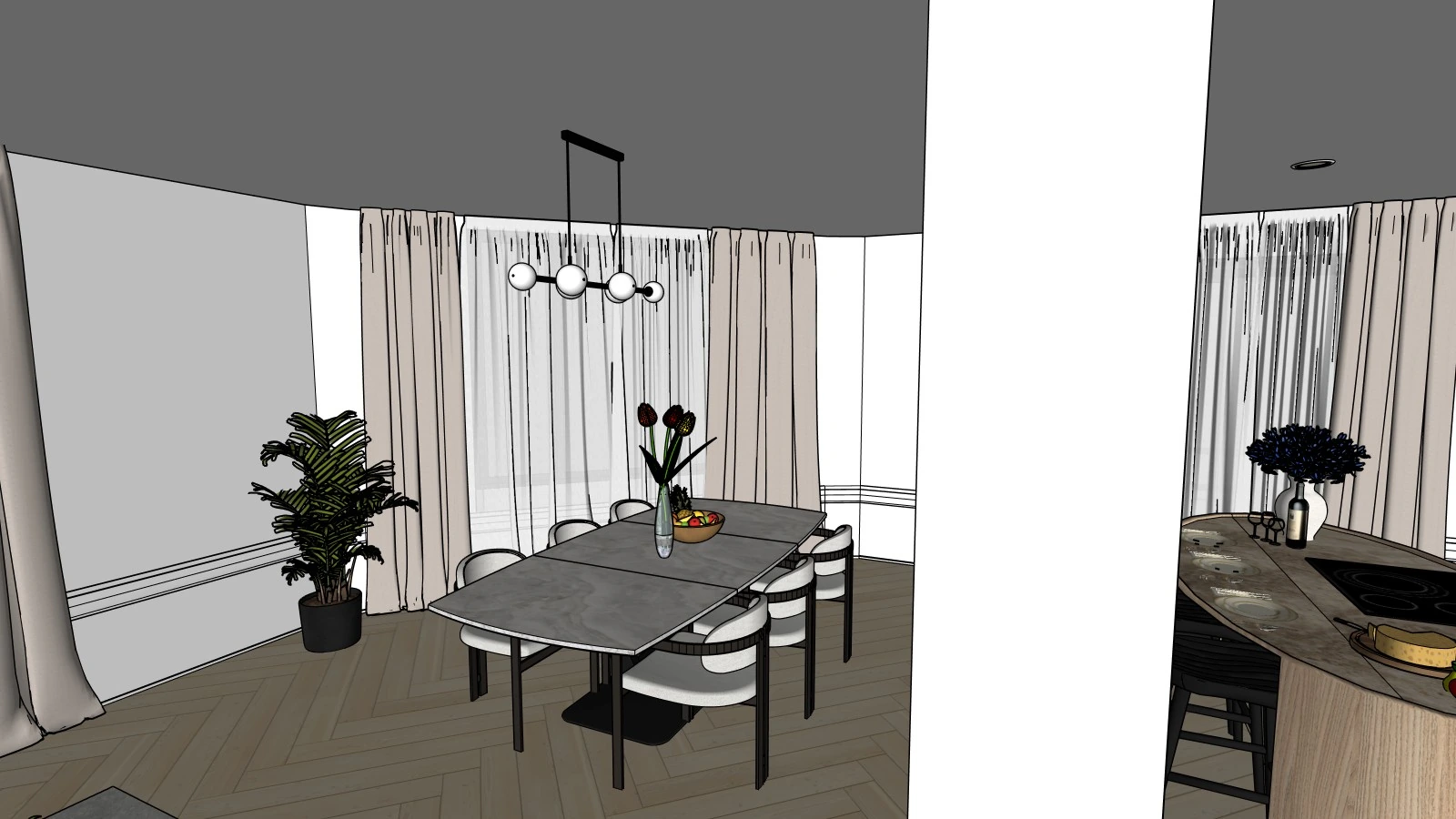 Diseño 3D: comedor con mesa de mármol junto al ventanal