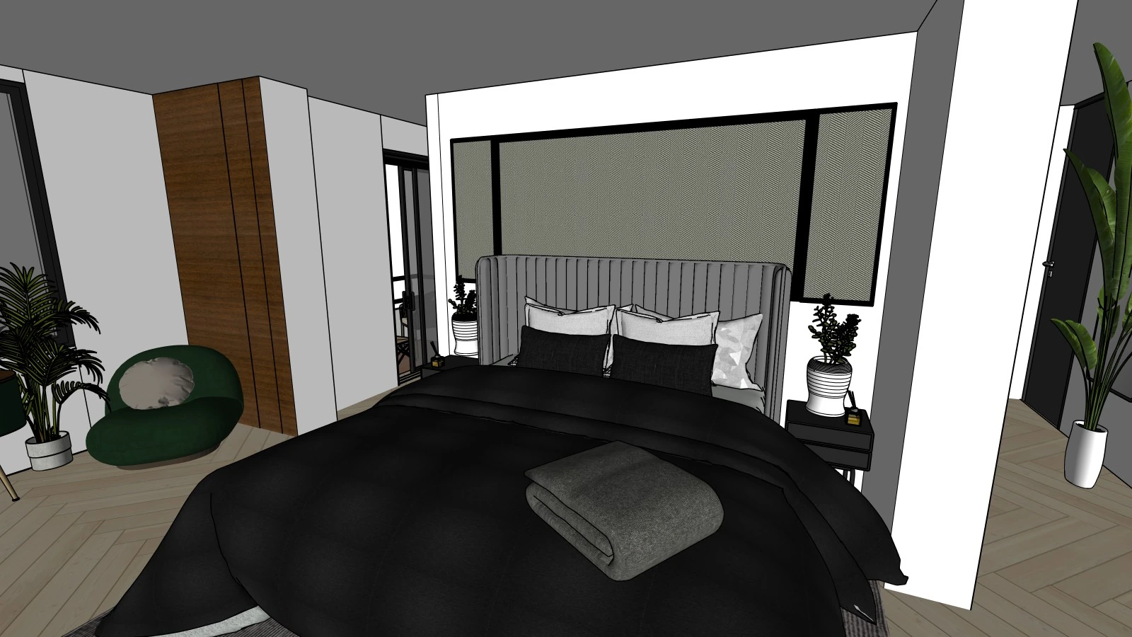 Diseño 3D: dormitorio principal con cabecero tapizado