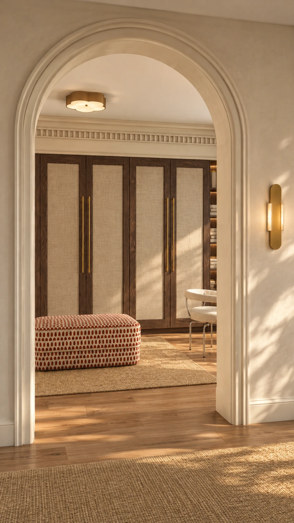 Vestidor con arco, armarios de madera oscura con puertas de rejilla de lino, banco tapizado y luz natural