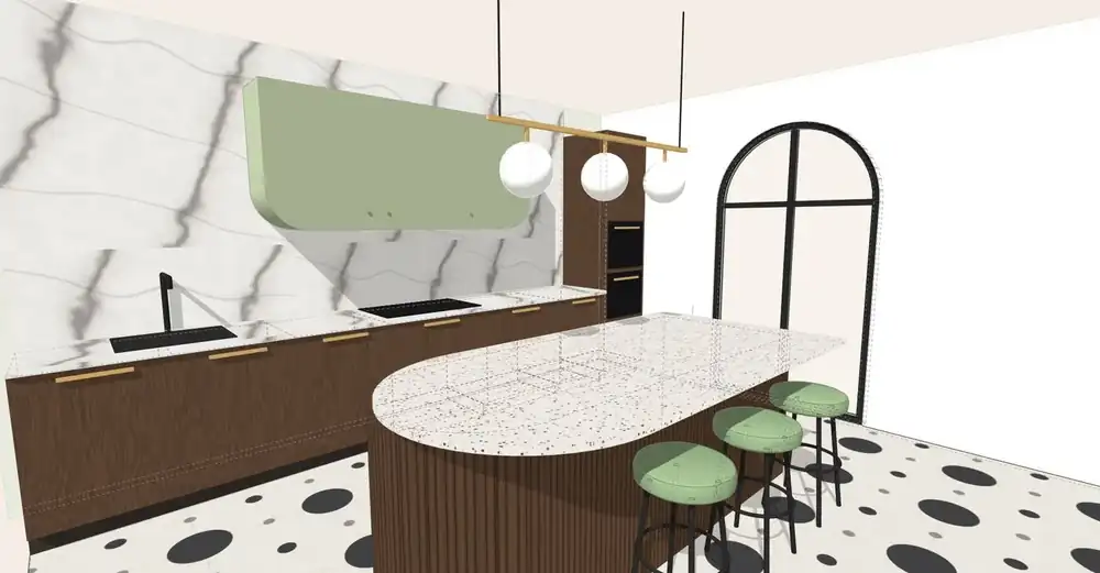 Diseño 3D: cocina con isla de terrazo y muebles verde salvia