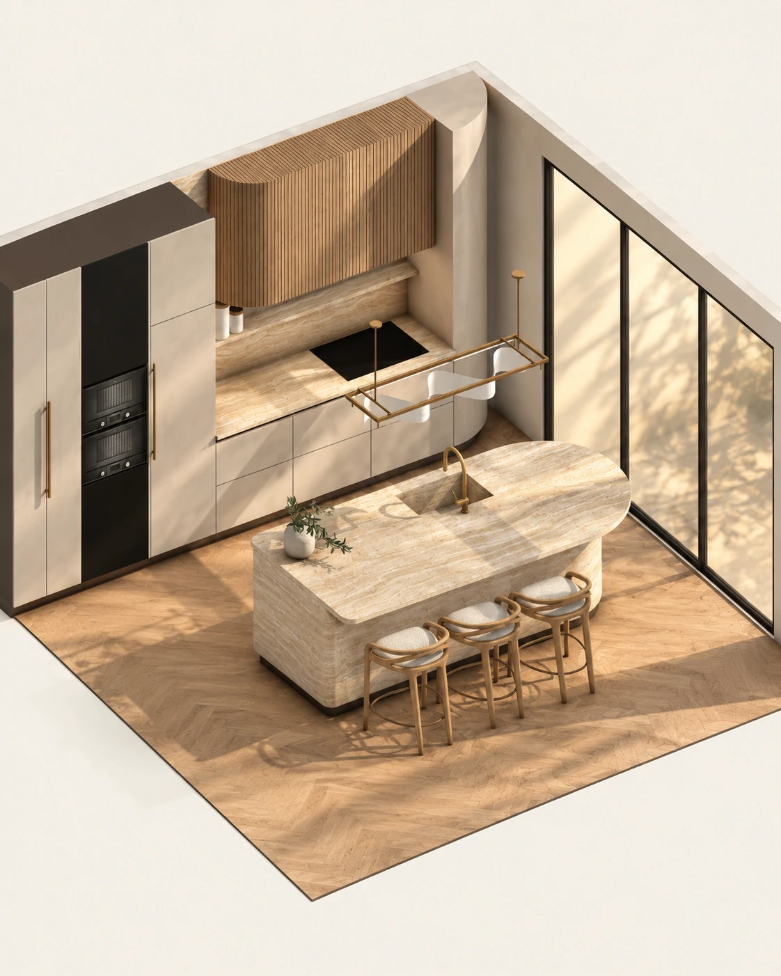 Vista 3D desde arriba de la cocina con isla de travertino