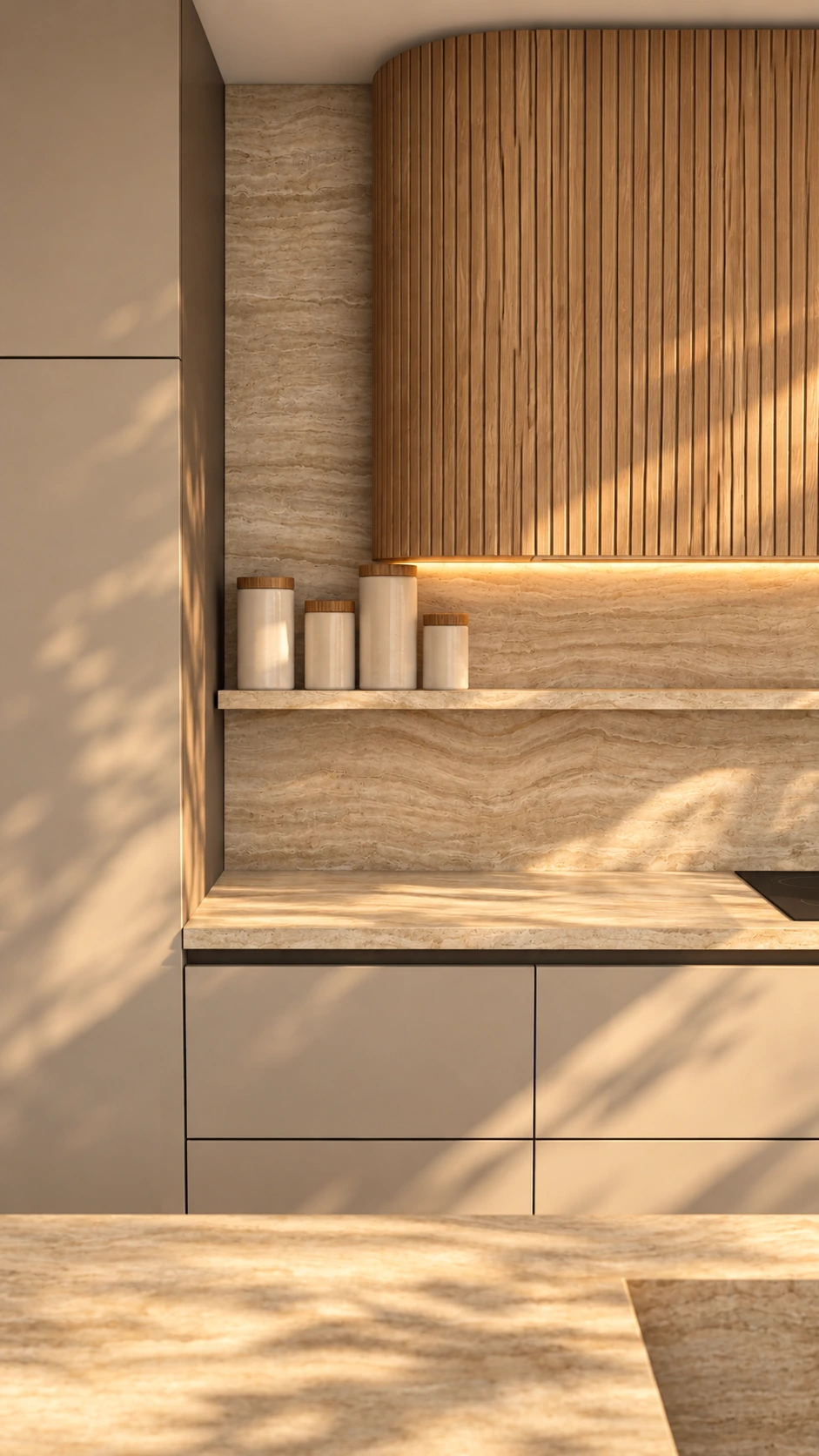 Frente de cocina con balda de travertino y pared curva de madera acanalada
