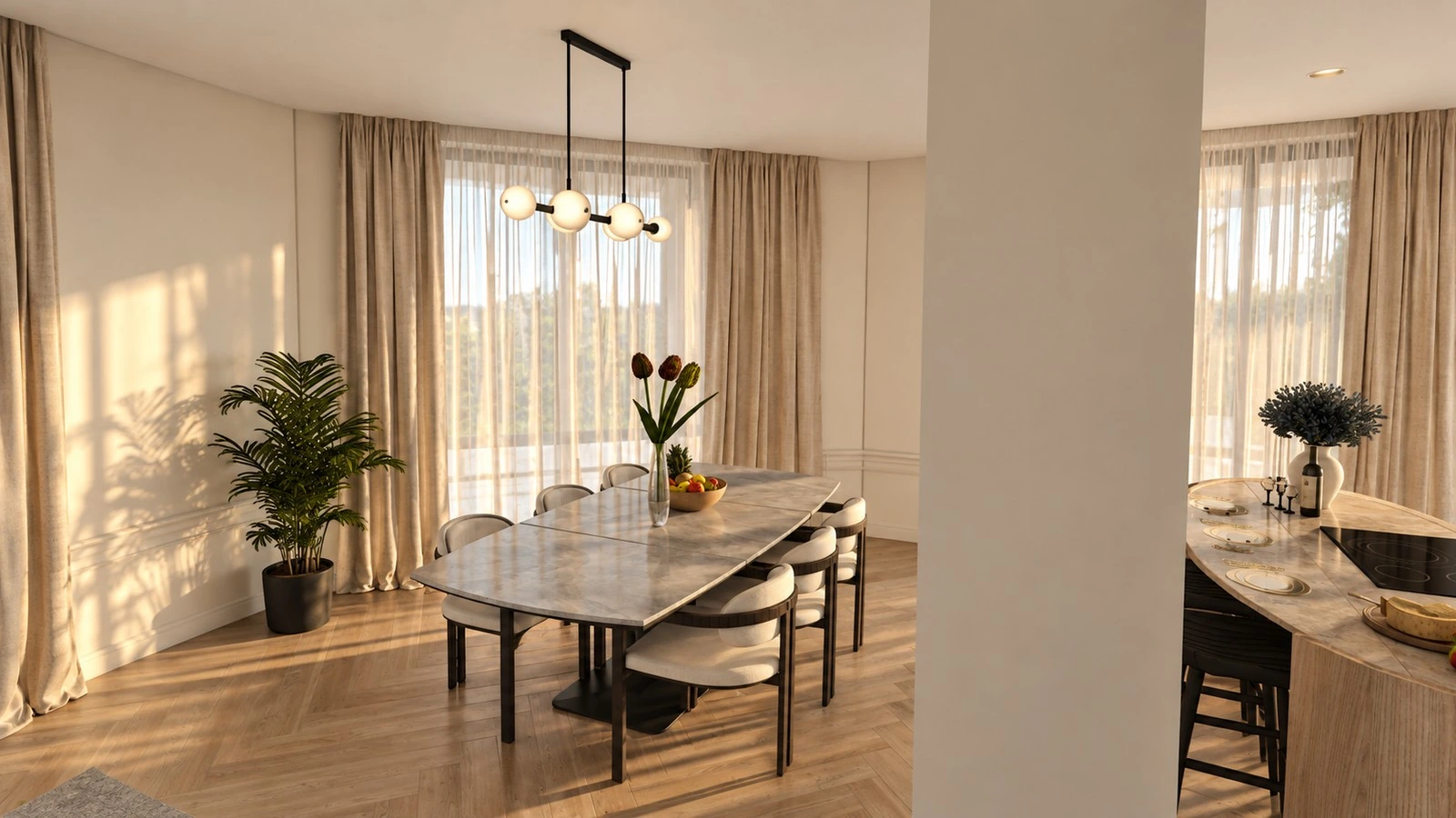 Comedor con mesa de mármol, sillas tapizadas y lámpara de globos