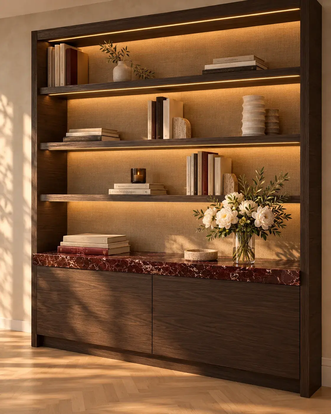 Estantería de madera oscura con luz LED en cada balda y base de mármol rojo