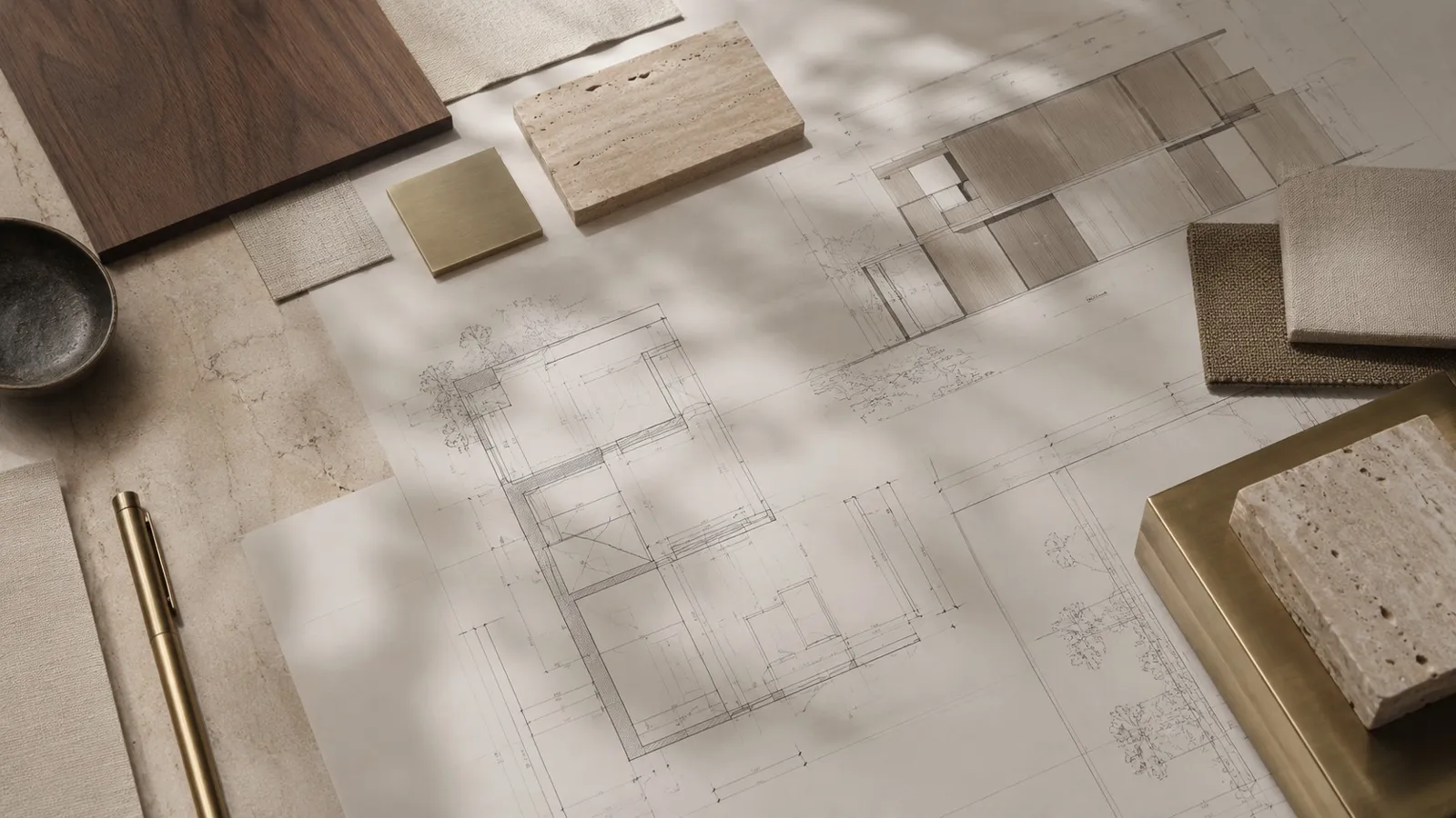 Planos de una vivienda junto a muestras de travertino, nogal, latón y tejidos