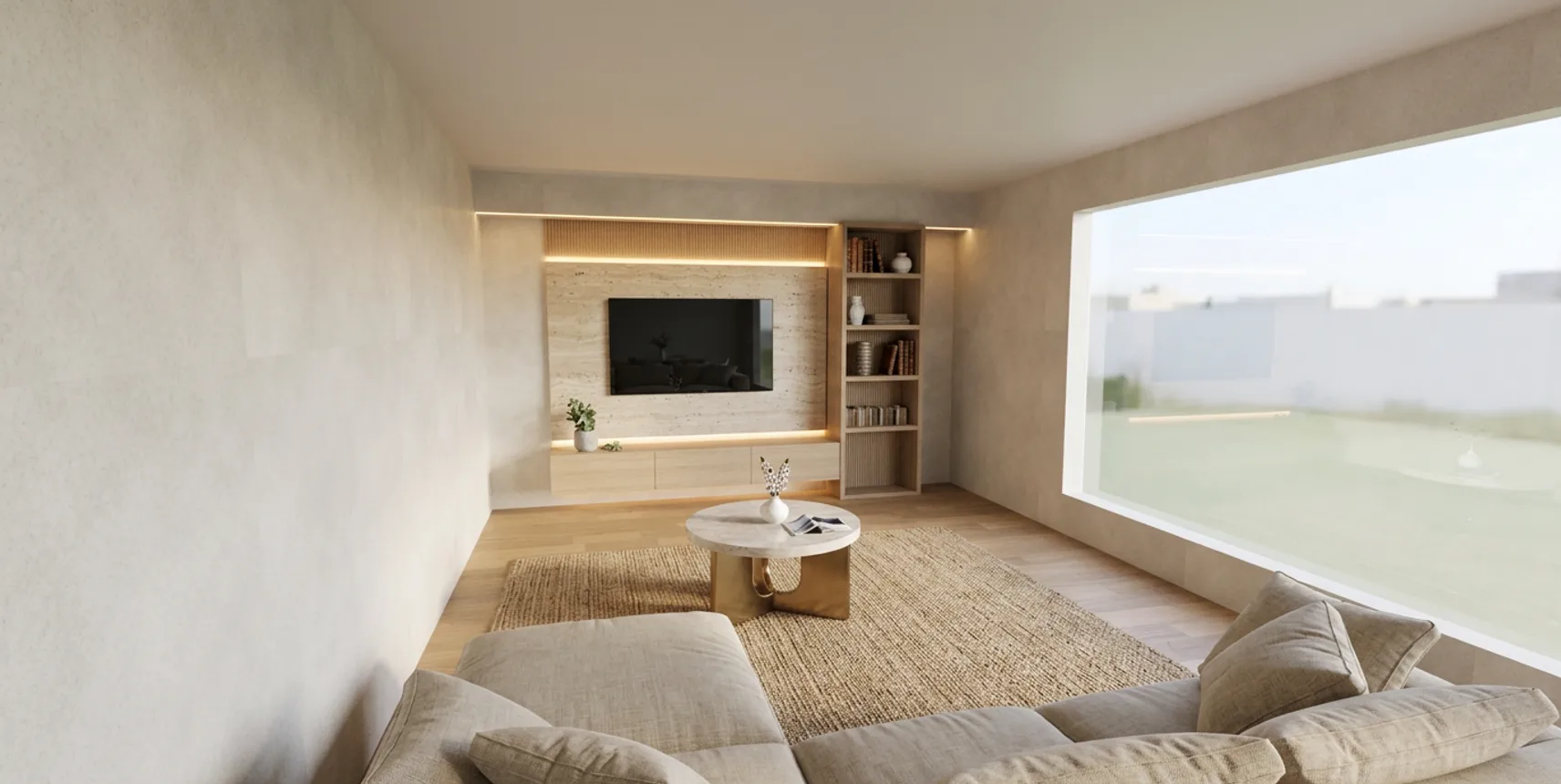 Salón con mueble de televisión empotrado en piedra, estantería lateral y ventanal al jardín