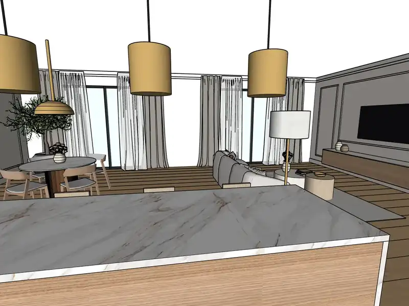 Diseño 3D: salón con cocina abierta e isla de mármol