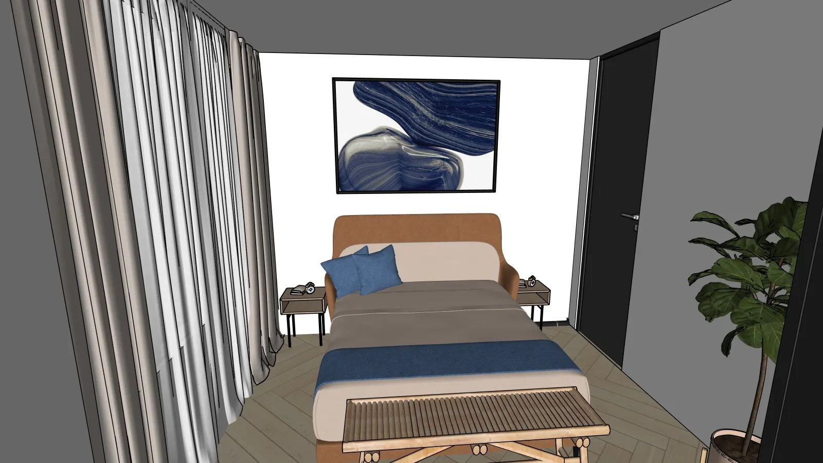 Diseño 3D: suite con cama de madera y banco a los pies