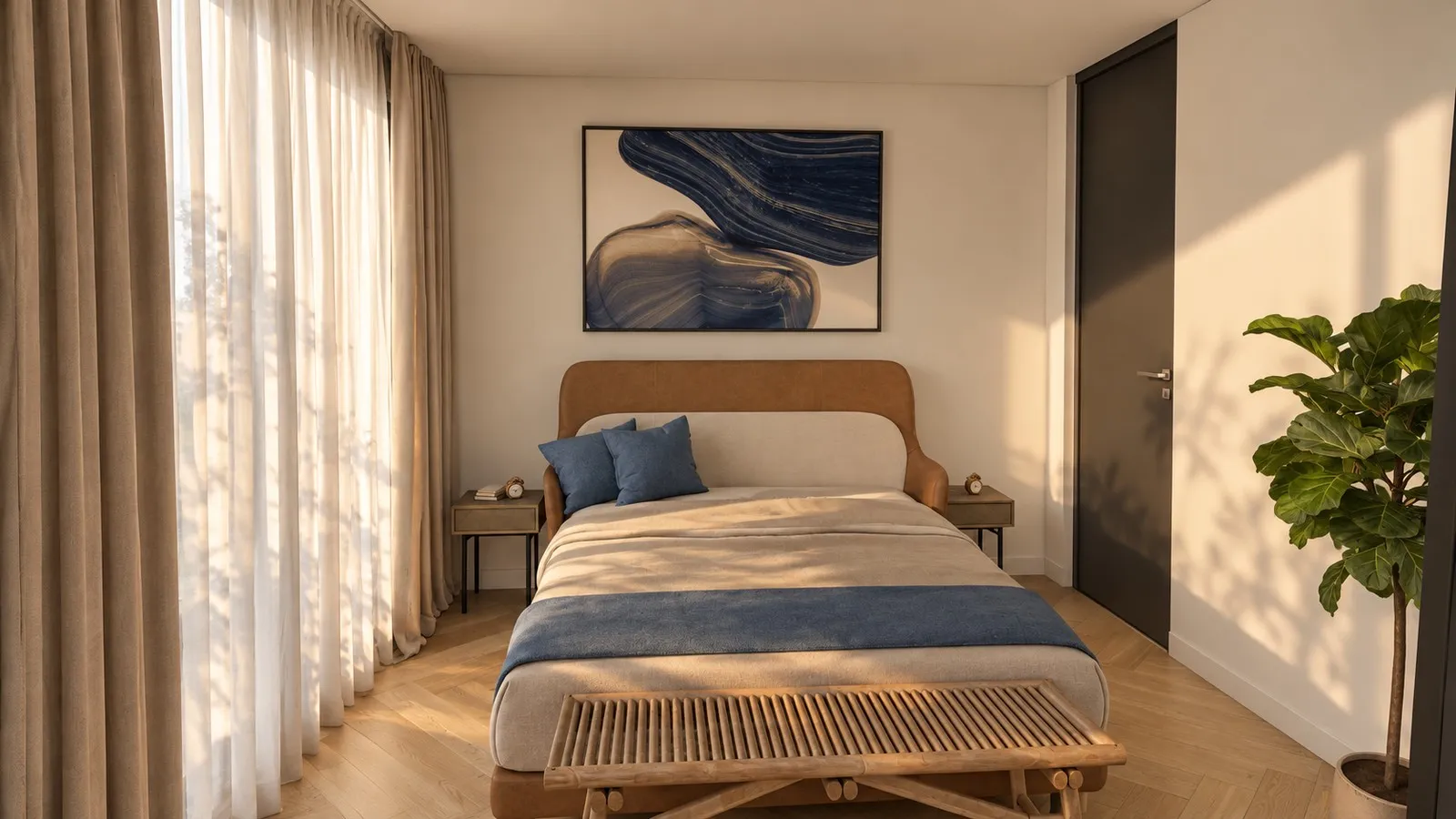Suite con cama de madera y banco a los pies