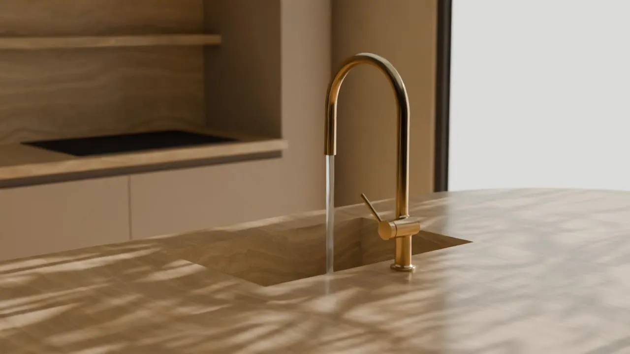 Salón con sofá curvo de bouclé que pasa del diseño 3D a la imagen real